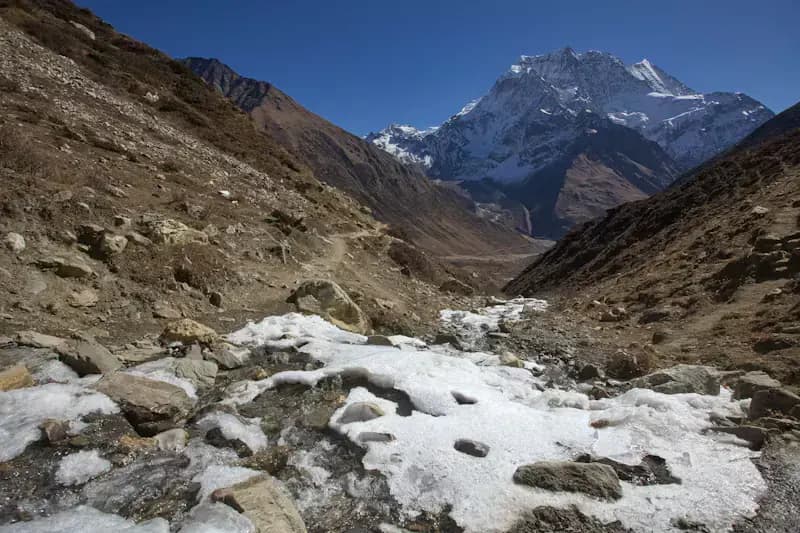 Manaslu region mountain trail and remote Himalayan scenery in Nepal