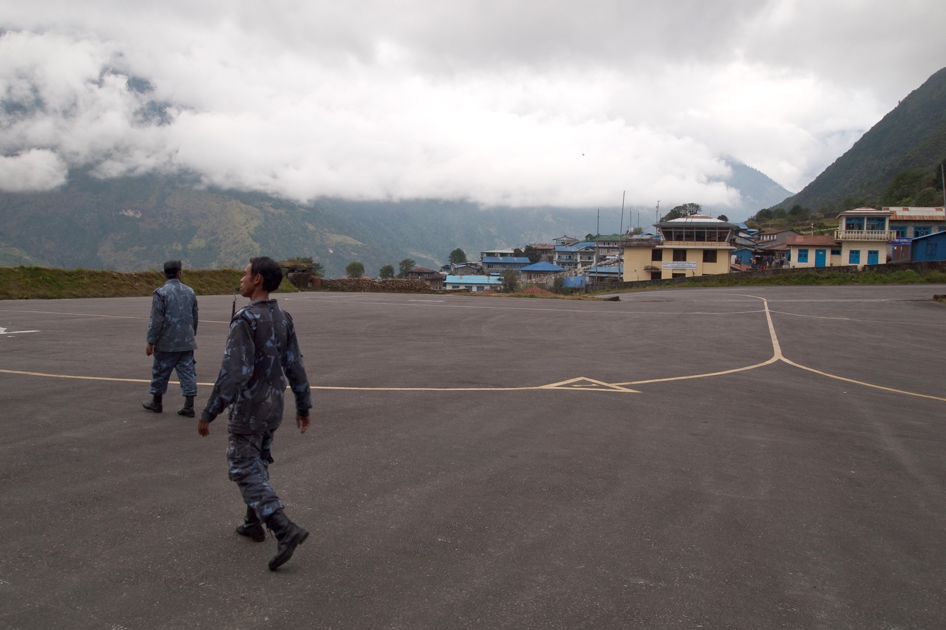 Lukla airport runway and mountain village in Nepal